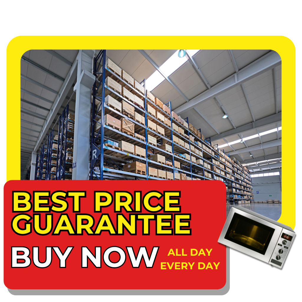 Best PRICE GUARANTEE CTA – Spacious warehouse lined with stocked shelves, a bold "Best Price Guarantee" banner, and a featured microwave image