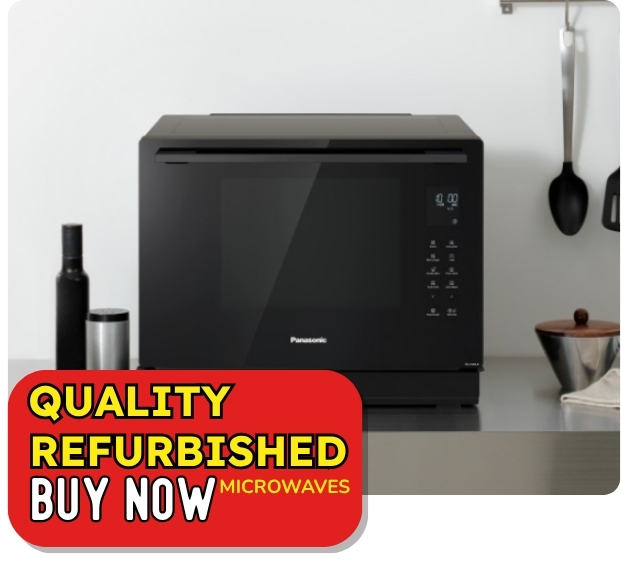 QUALITY REFURBISHED Top Panasonic Refurbished Microwave Options – Black Panasonic microwave on a kitchen counter with utensils and a quality refurbished badge