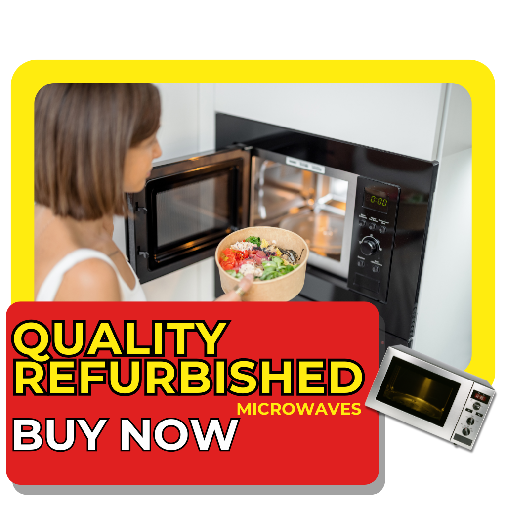 Quality refurbished microwaves – Woman holding a bowl of salad while checking a microwave oven, with a visible "Buy Now" promotional banner