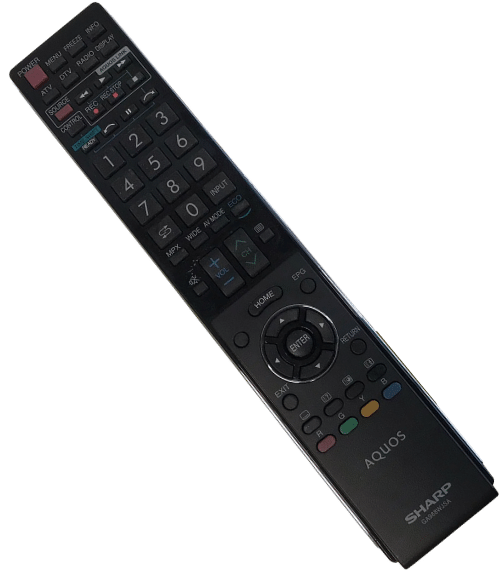 Snag Sharp TV Spare Parts at Discounted Prices – Black Sharp AQUOS remote control with number keys, navigation buttons, and media functions.